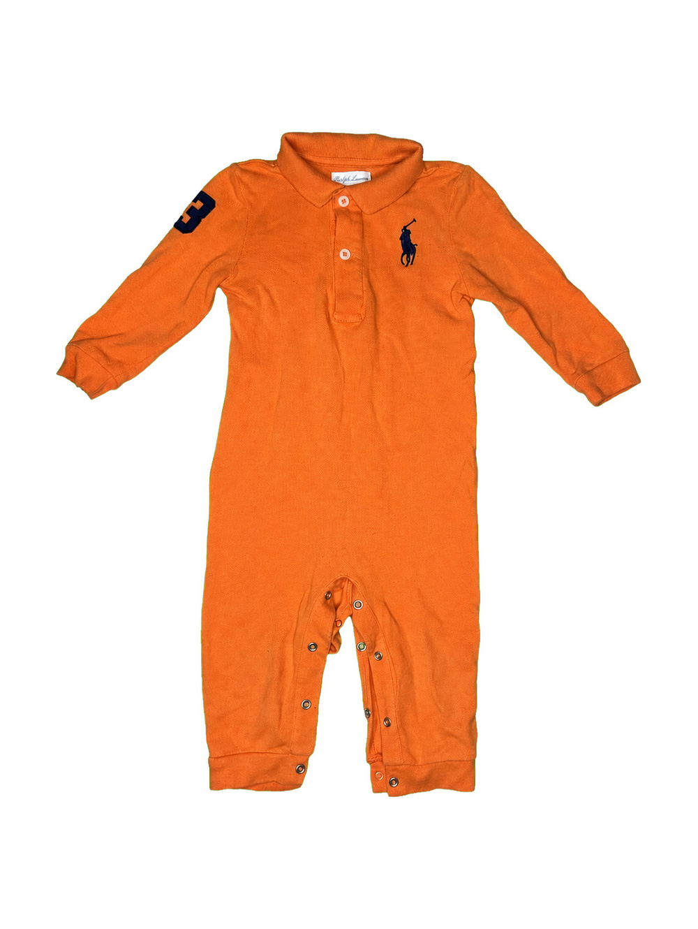 Ralph Lauren Orange Cotton Baby Romper with Navy Logo - 9 Months